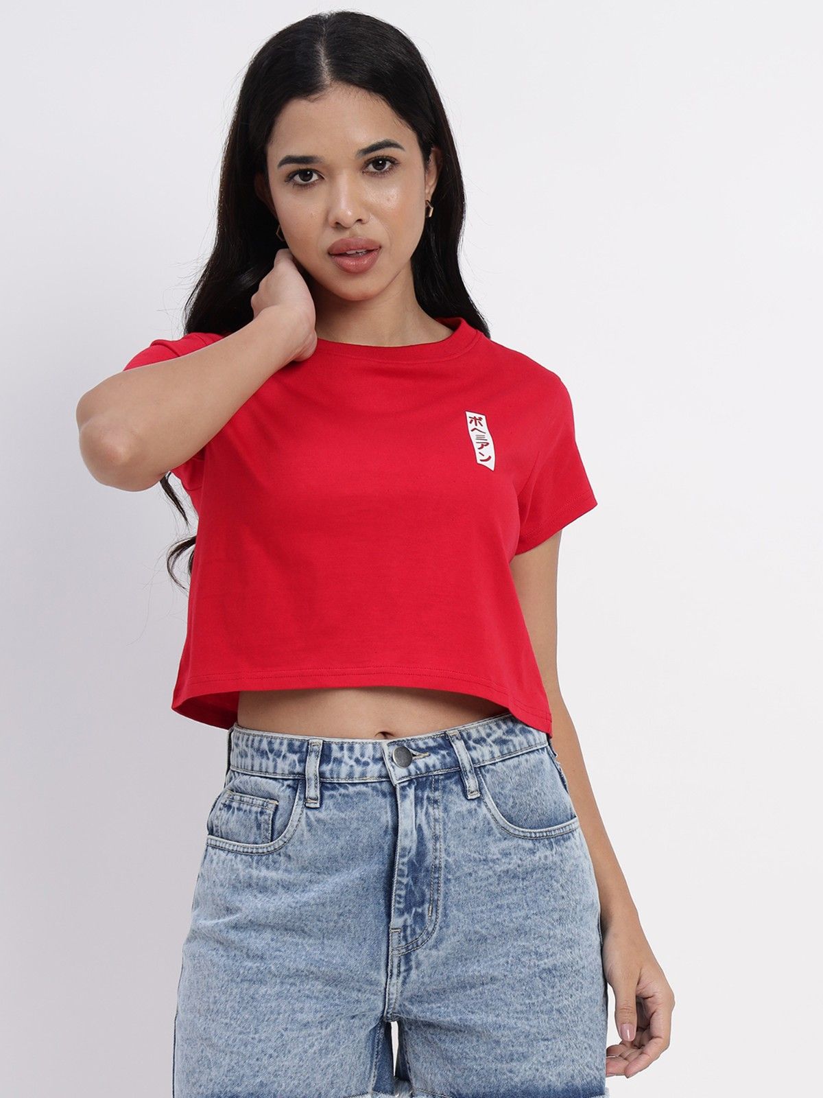 Red crop top with Treasure Trove print